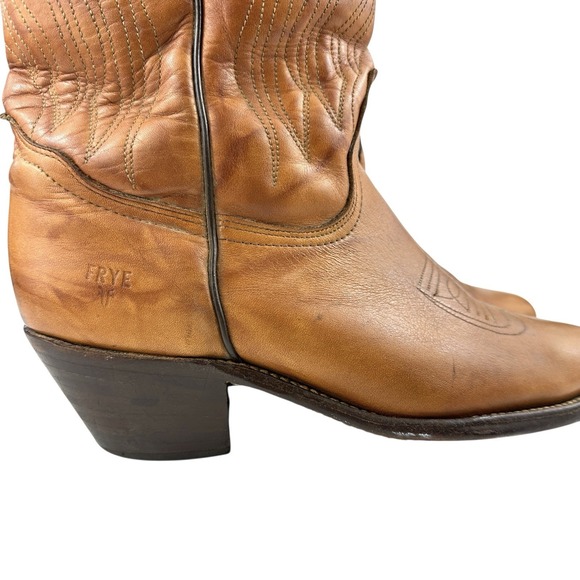 Vintage Frye Cowboy Boots Men's 9D Tan Leather Western Flame Stitch USA Made - Picture 4 of 16